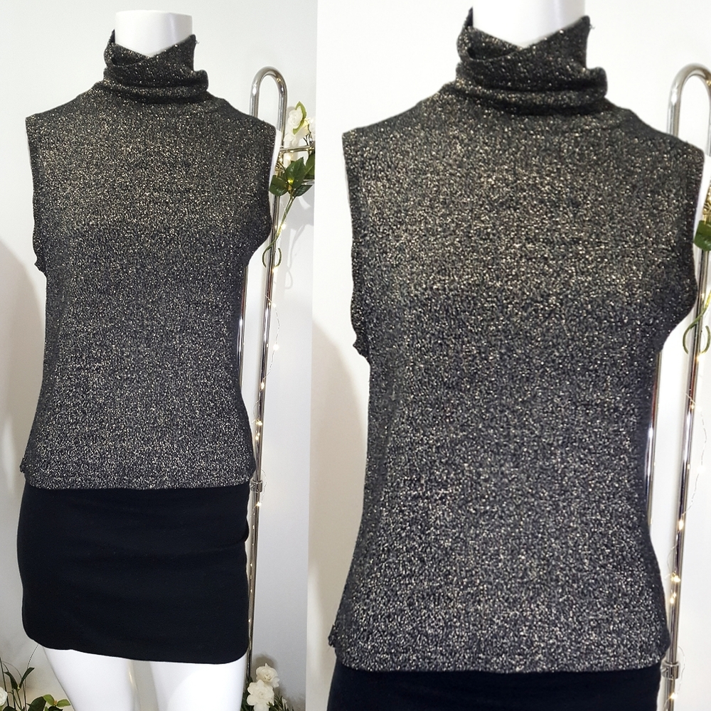 Shimmering Golden Black Sleeveless Mock Neck Knit Top| Reitman